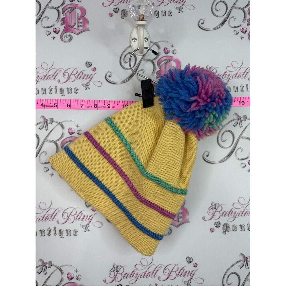SMILEY pure wool hat Yellow Knit Pom Hat with Colorful Pom and Stripe Accents
